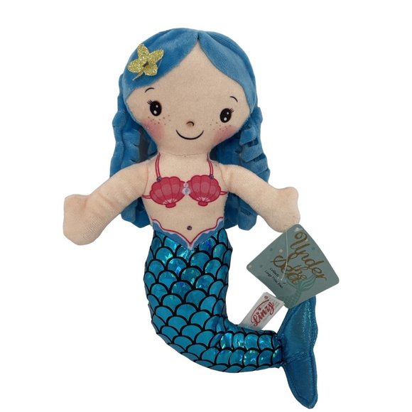 Linzy Toys Mermaid Doll 14” Blue Hair Tail Pink Bikini Shells Gold Starfish - Picture 1 of 13